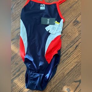 TYR Women’s Race Swimsuit! Rash Guard - Navy, Red, and White